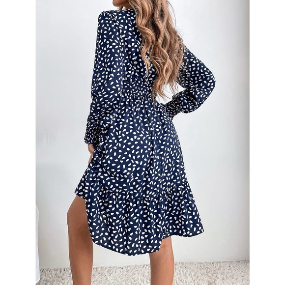 dot Print Shirred Bishop long Sleeve Ruffle Hem mini Dress - Picture 2 of 6